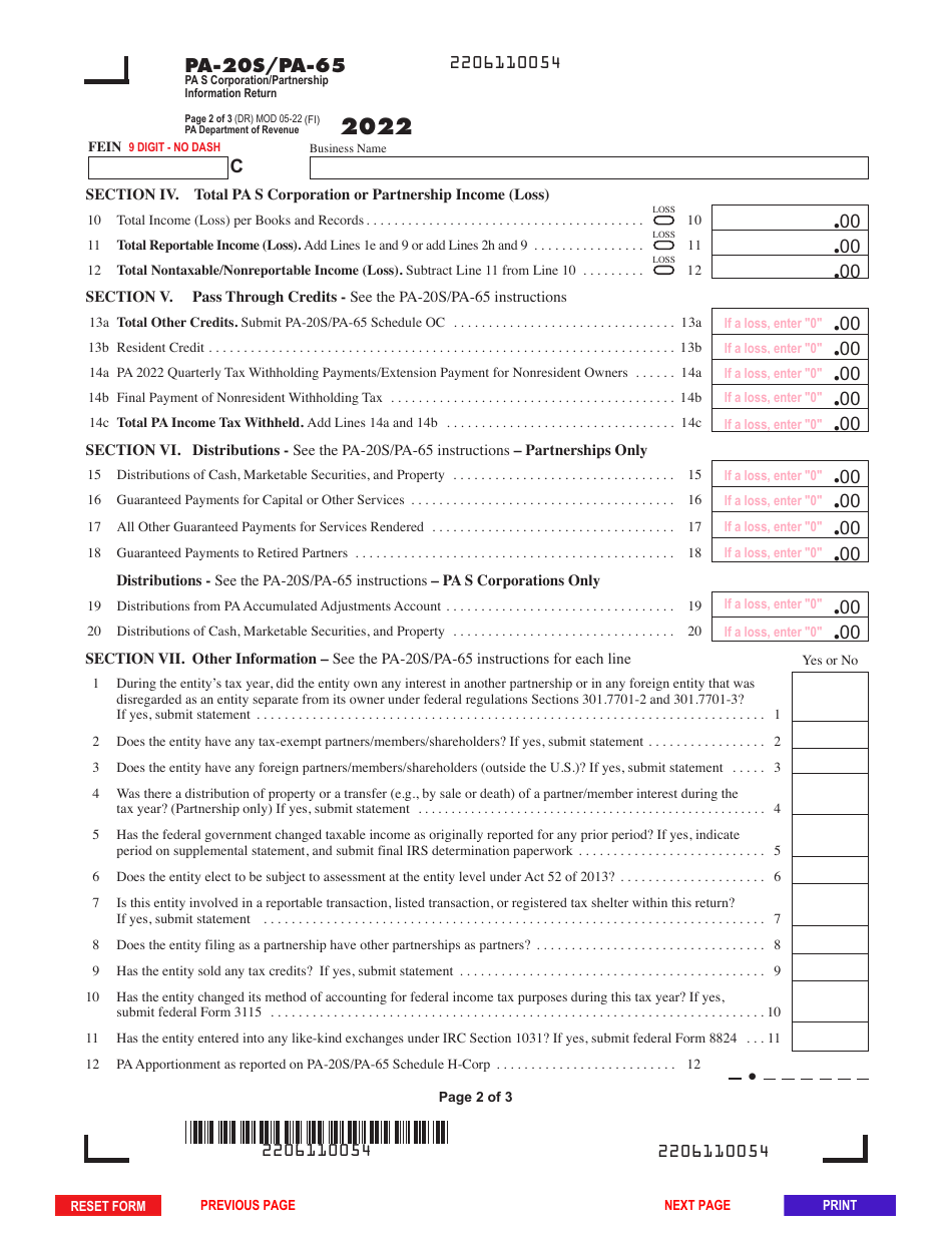 Form PA-20S (PA-65) Pa S Corporation / Partnership Information Return - Pennsylvania, Page 2