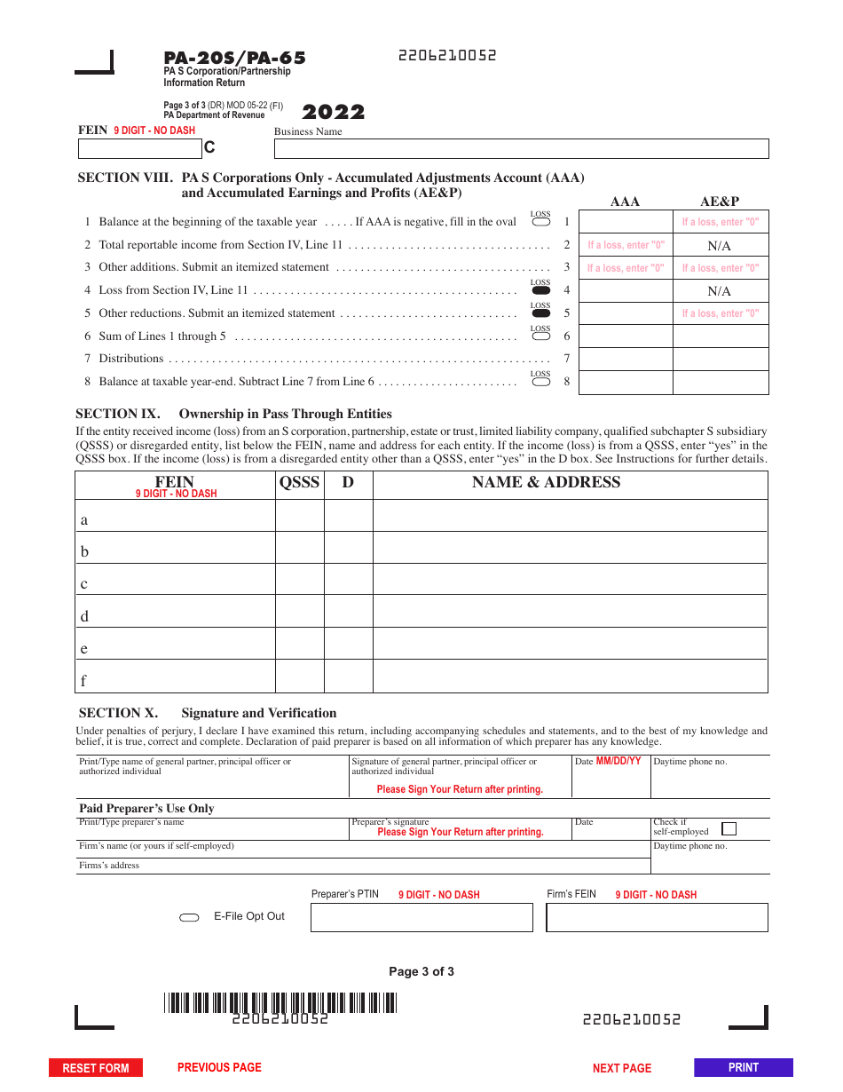 Form PA-20S (PA-65) Pa S Corporation / Partnership Information Return - Pennsylvania, Page 3