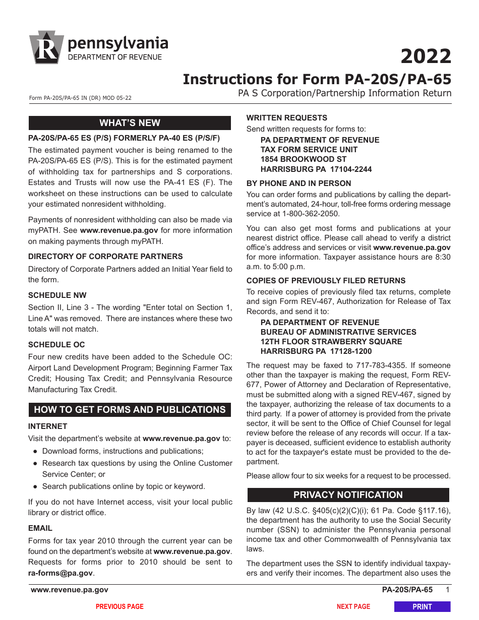 Form PA-20S (PA-65) Pa S Corporation / Partnership Information Return - Pennsylvania, Page 5