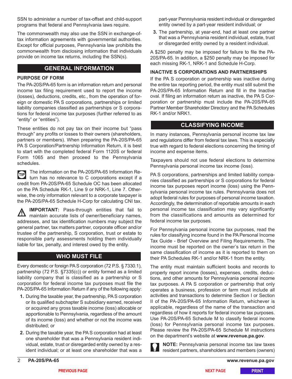 Form PA-20S (PA-65) Pa S Corporation / Partnership Information Return - Pennsylvania, Page 6