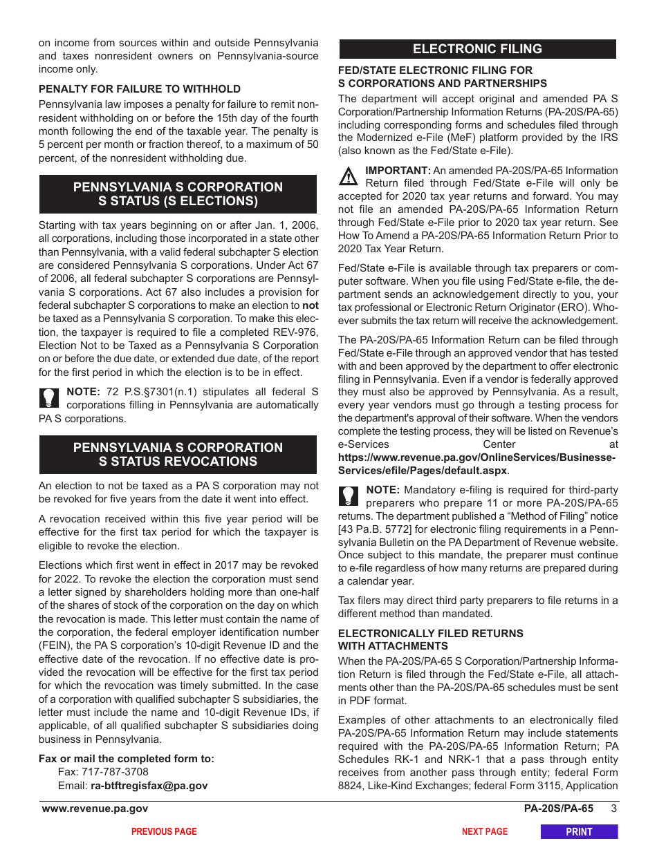 Form PA-20S (PA-65) Pa S Corporation / Partnership Information Return - Pennsylvania, Page 7