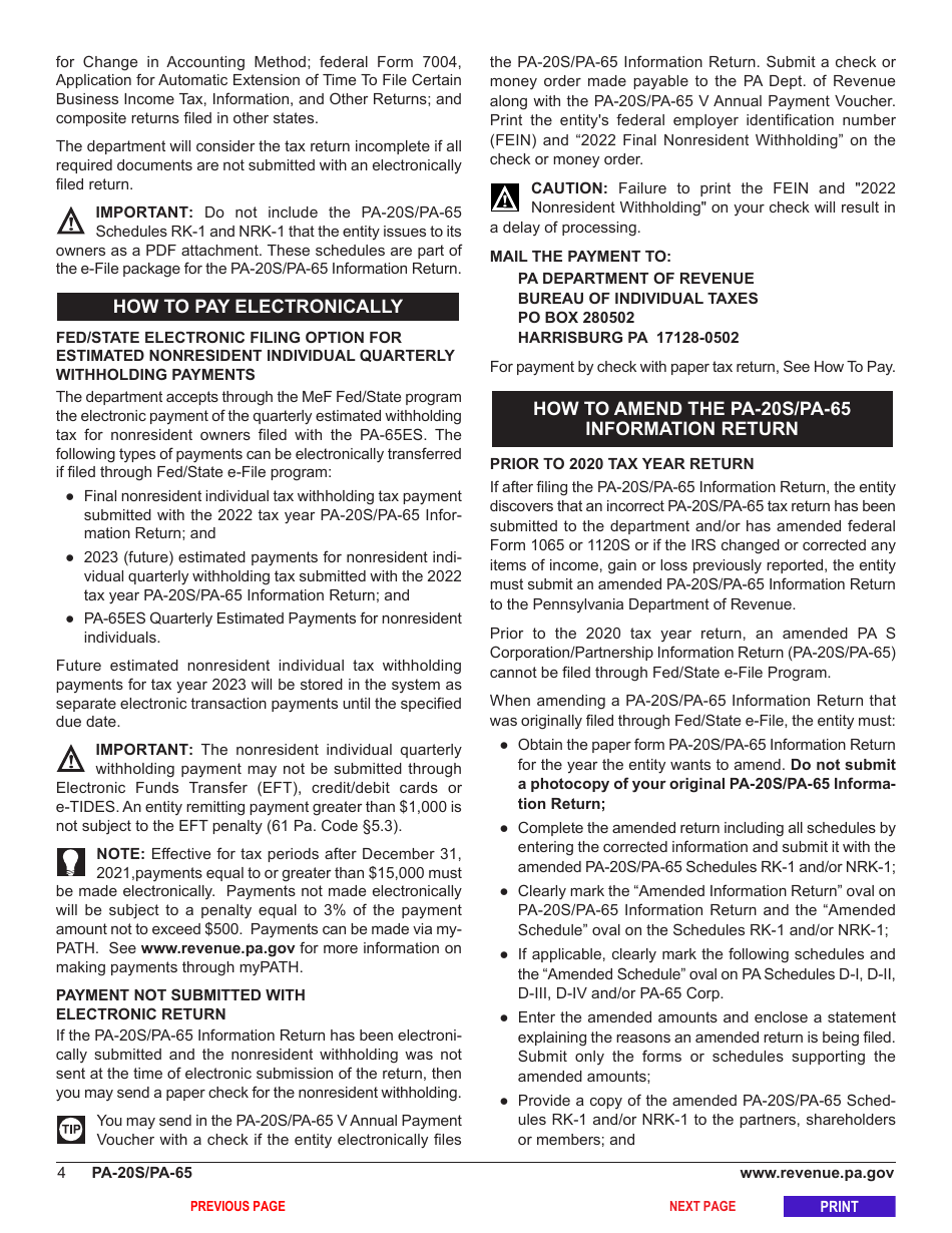 Form PA-20S (PA-65) Pa S Corporation / Partnership Information Return - Pennsylvania, Page 8