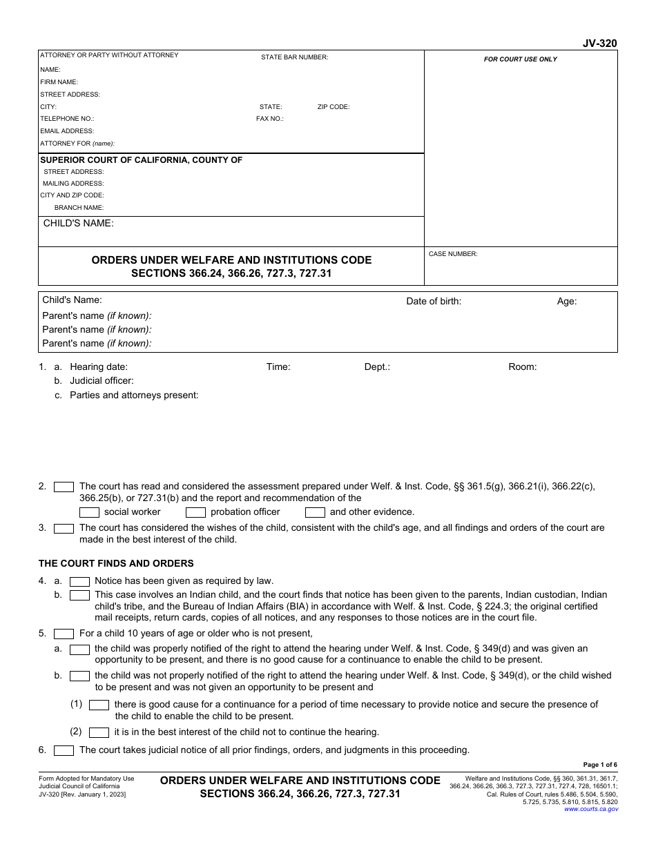 Form JV-320 Orders Under Welfare and Institutions Code Sections 366.24, 366.26, 727.3, 727.31 - California, Page 1