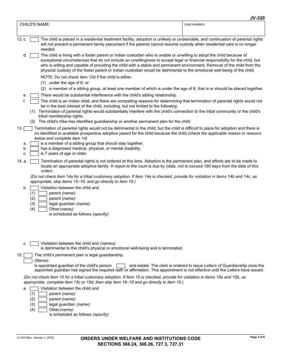 Form JV-320 Orders Under Welfare and Institutions Code Sections 366.24, 366.26, 727.3, 727.31 - California, Page 3