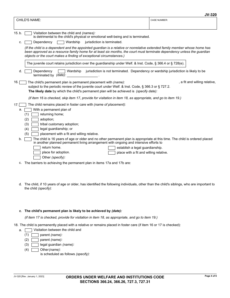 Form JV-320 Orders Under Welfare and Institutions Code Sections 366.24, 366.26, 727.3, 727.31 - California, Page 4