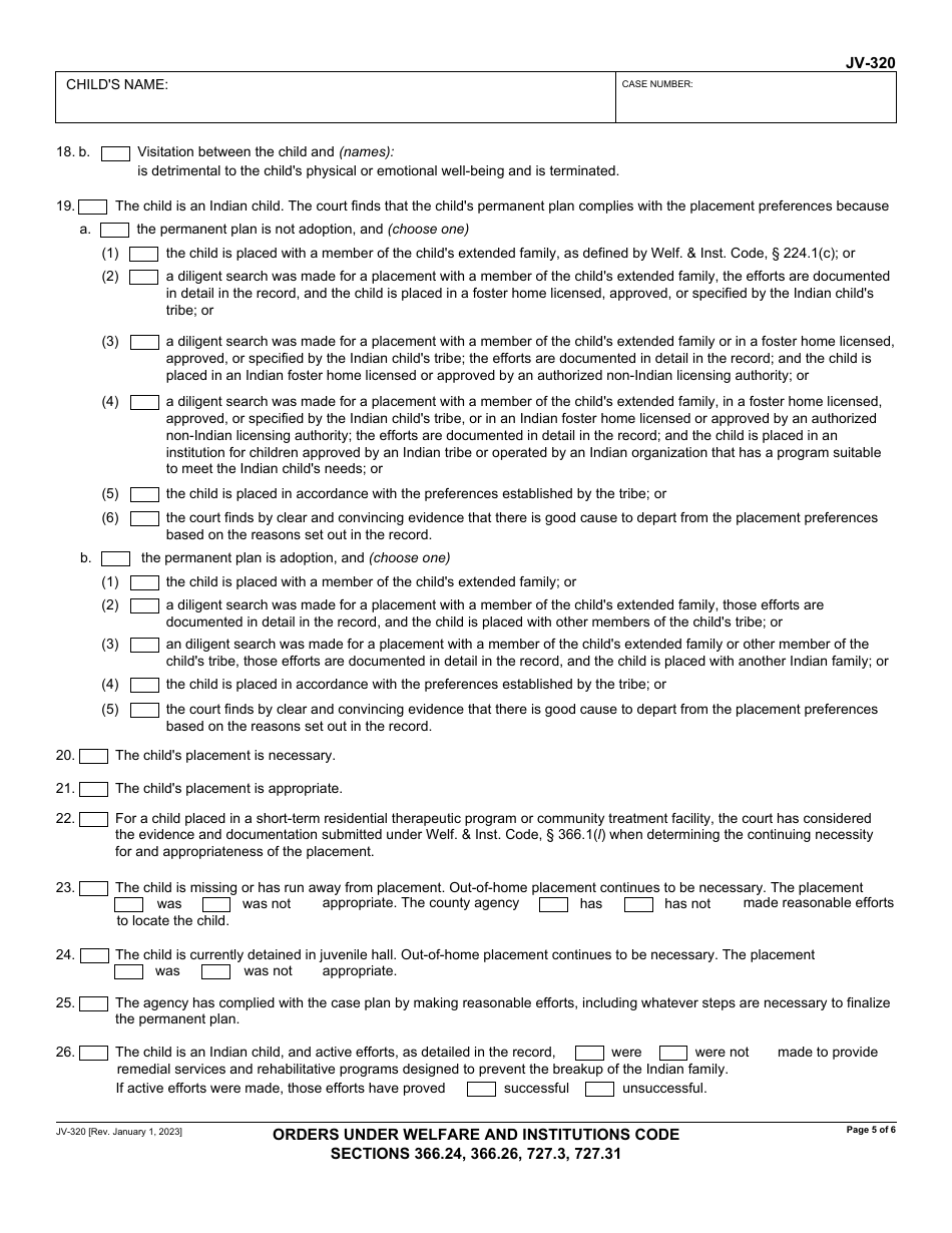 Form JV-320 Orders Under Welfare and Institutions Code Sections 366.24, 366.26, 727.3, 727.31 - California, Page 5
