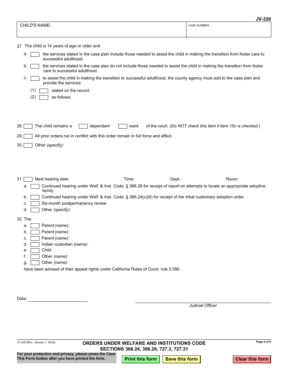 Form JV-320 Orders Under Welfare and Institutions Code Sections 366.24, 366.26, 727.3, 727.31 - California, Page 6