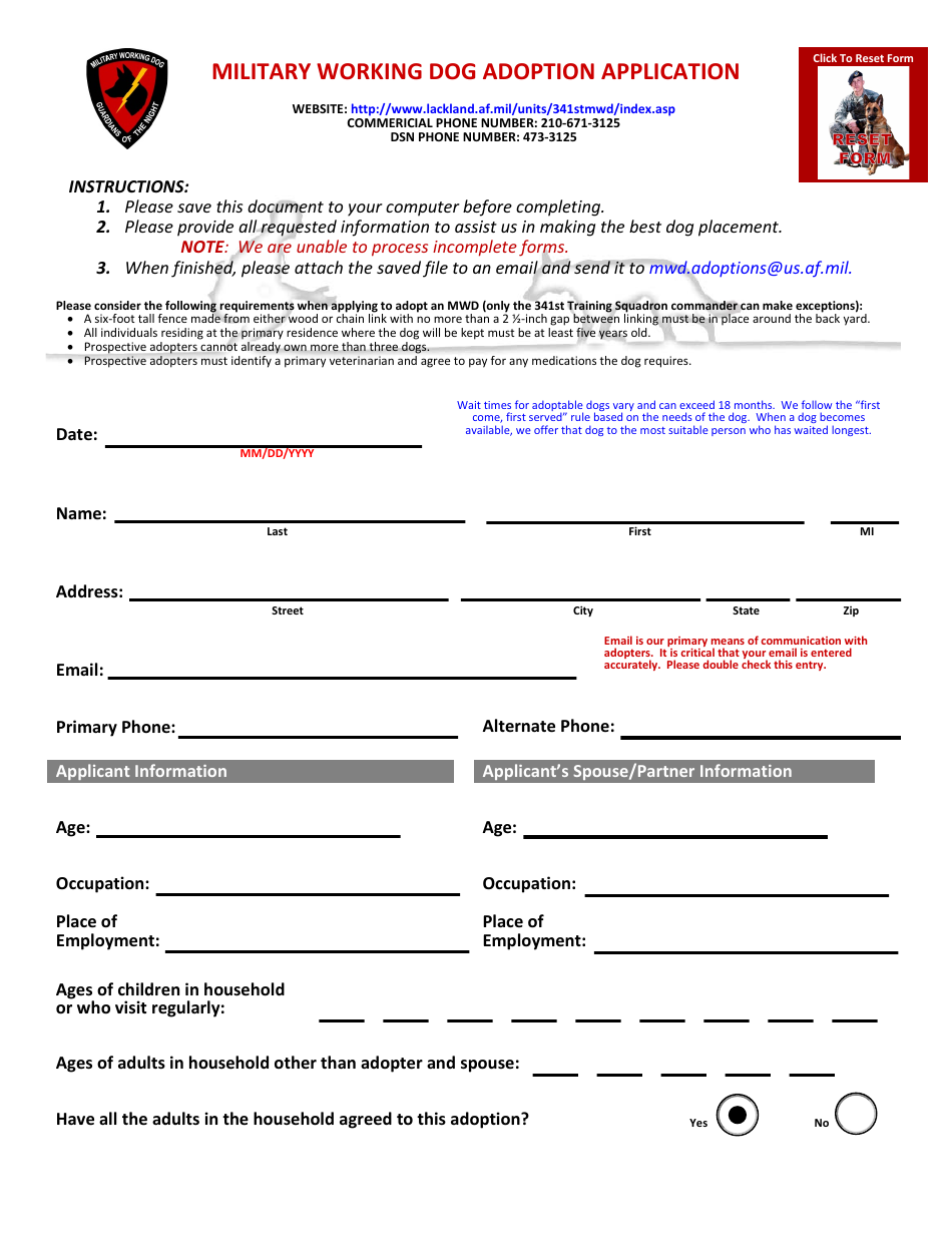 Military Working Dog Adoption Application, Page 1