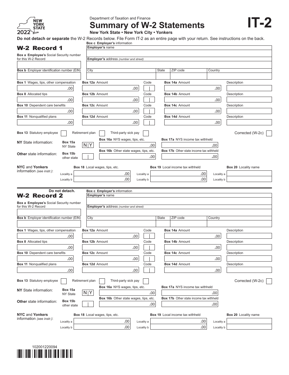 Form IT-2 Summary of W-2 Statements - New York, Page 1