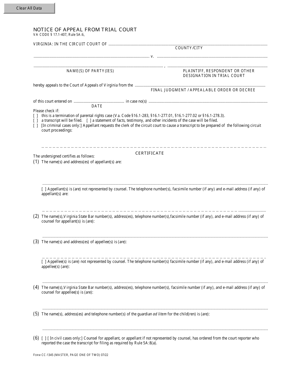 Form CC-1345 Notice of Appeal From Trial Court - Virginia, Page 1