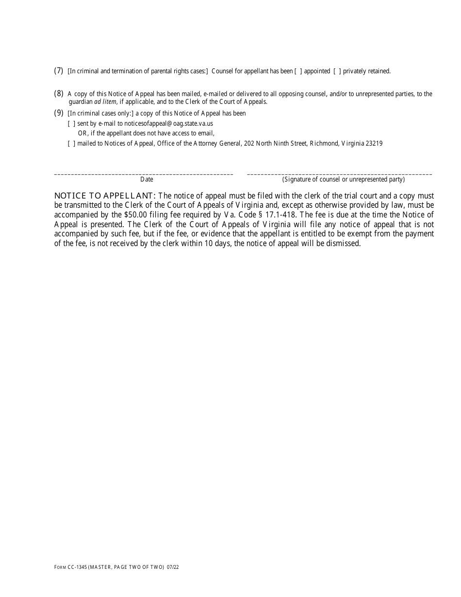 Form CC-1345 Notice of Appeal From Trial Court - Virginia, Page 2