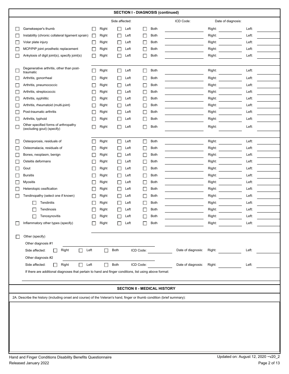 Hand and Fingers Disability Benefits Questionnaire, Page 2