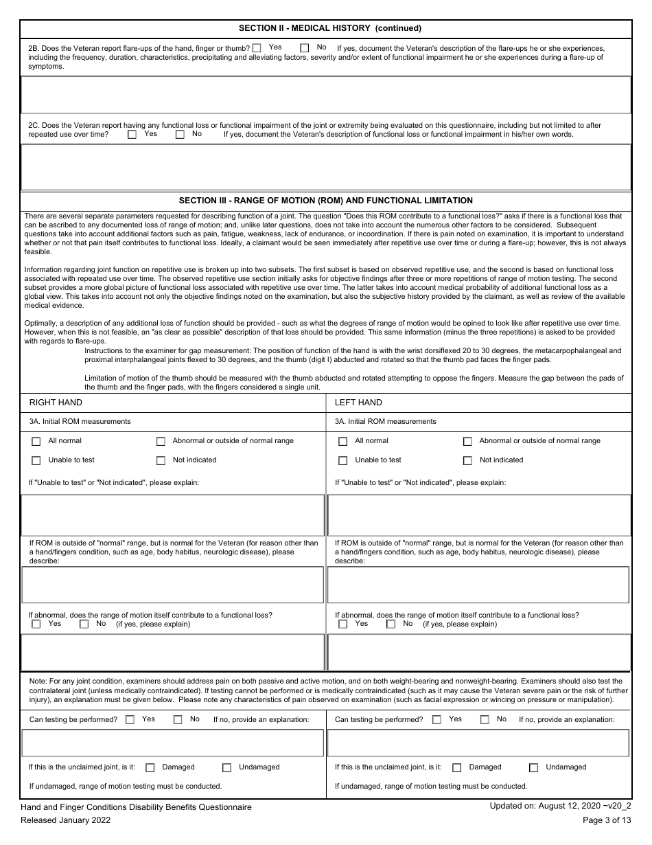 Hand and Fingers Disability Benefits Questionnaire, Page 3