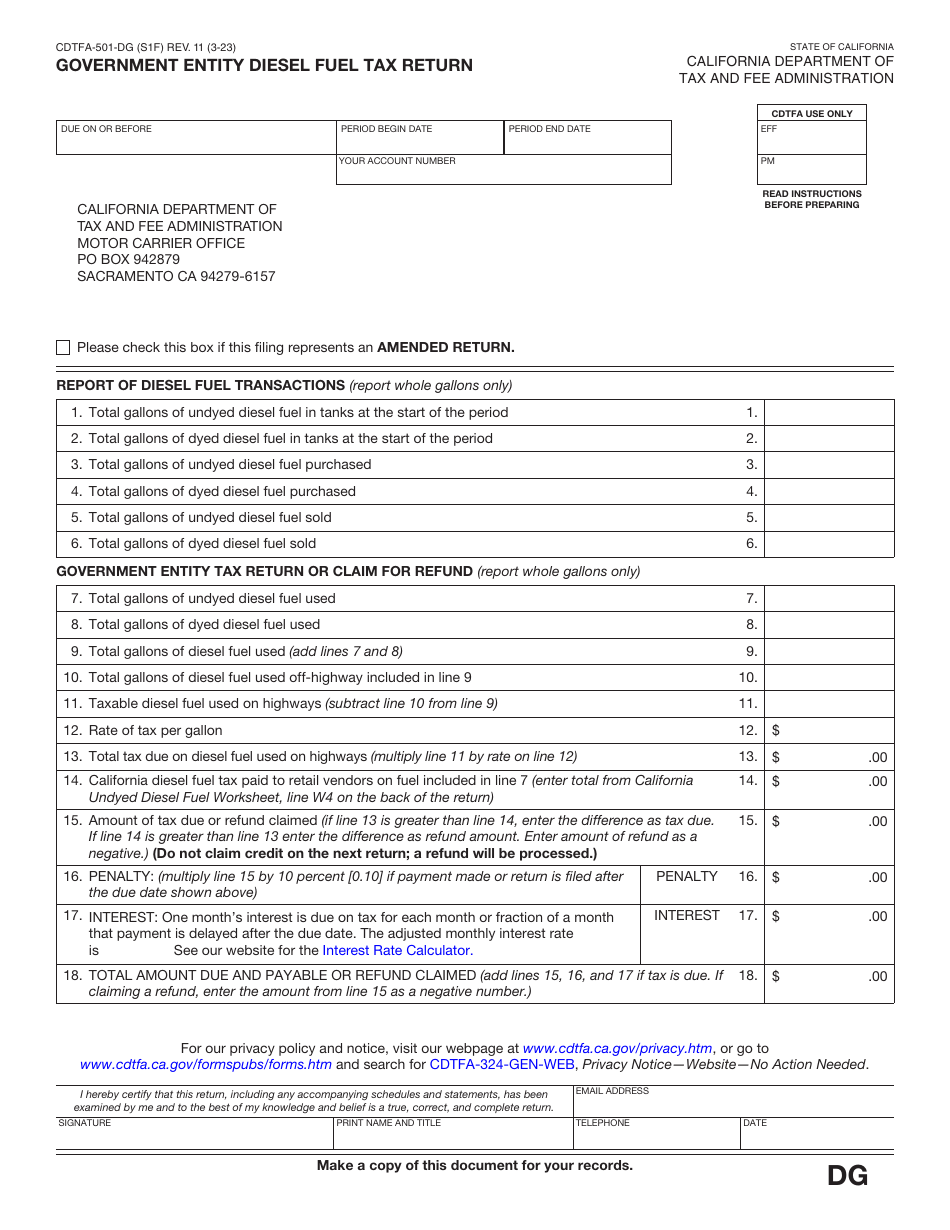 Form CDTFA-501-DG Government Entity Diesel Fuel Tax Return - California, Page 1