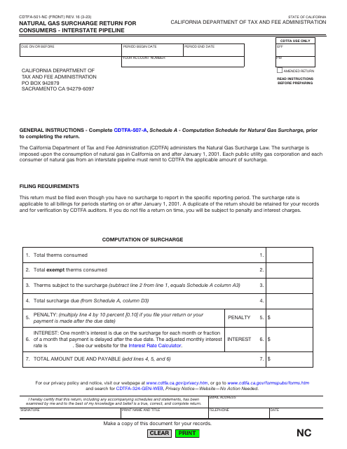 Form CDTFA-501-NC Natural Gas Surcharge Return for Consumers - Interstate Pipeline - California