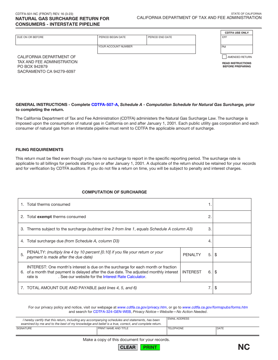 Form CDTFA-501-NC Natural Gas Surcharge Return for Consumers - Interstate Pipeline - California, Page 1