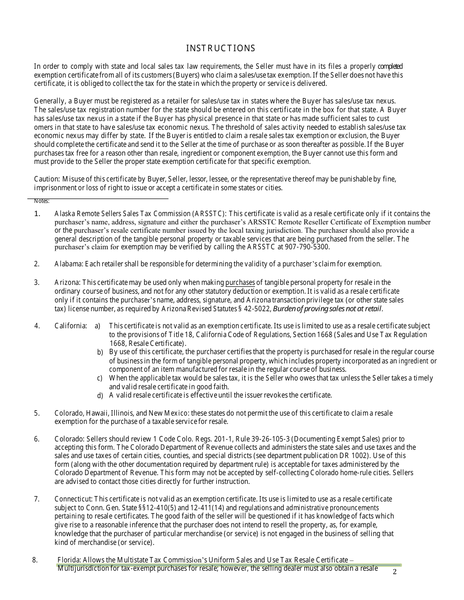 Uniform Sales And Use Tax Resale Certificate Multijurisdiction Fill Out Sign Online And 1310