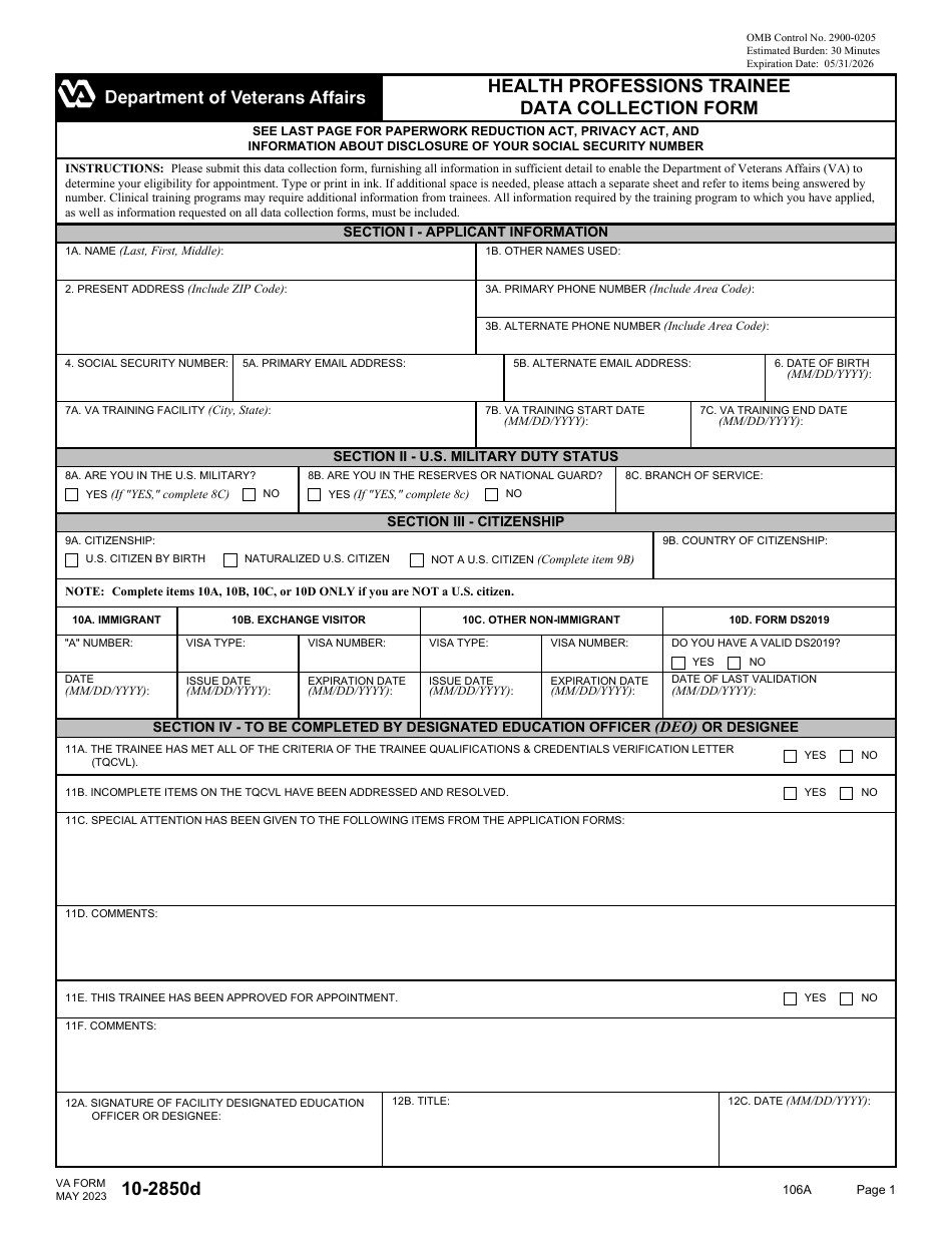 VA Form 10-2850D Health Professions Trainee Data Collection Form, Page 1