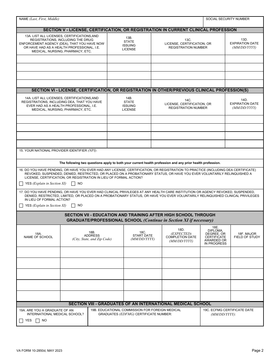 VA Form 10-2850D Health Professions Trainee Data Collection Form, Page 2