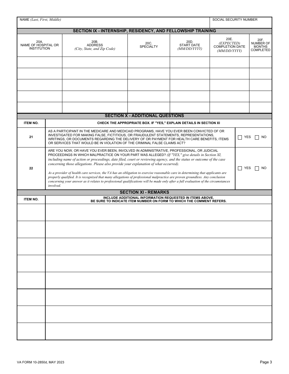 VA Form 10-2850D Health Professions Trainee Data Collection Form, Page 3