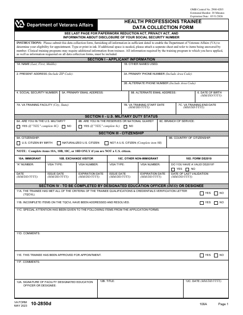 VA Form 10-2850D Health Professions Trainee Data Collection Form