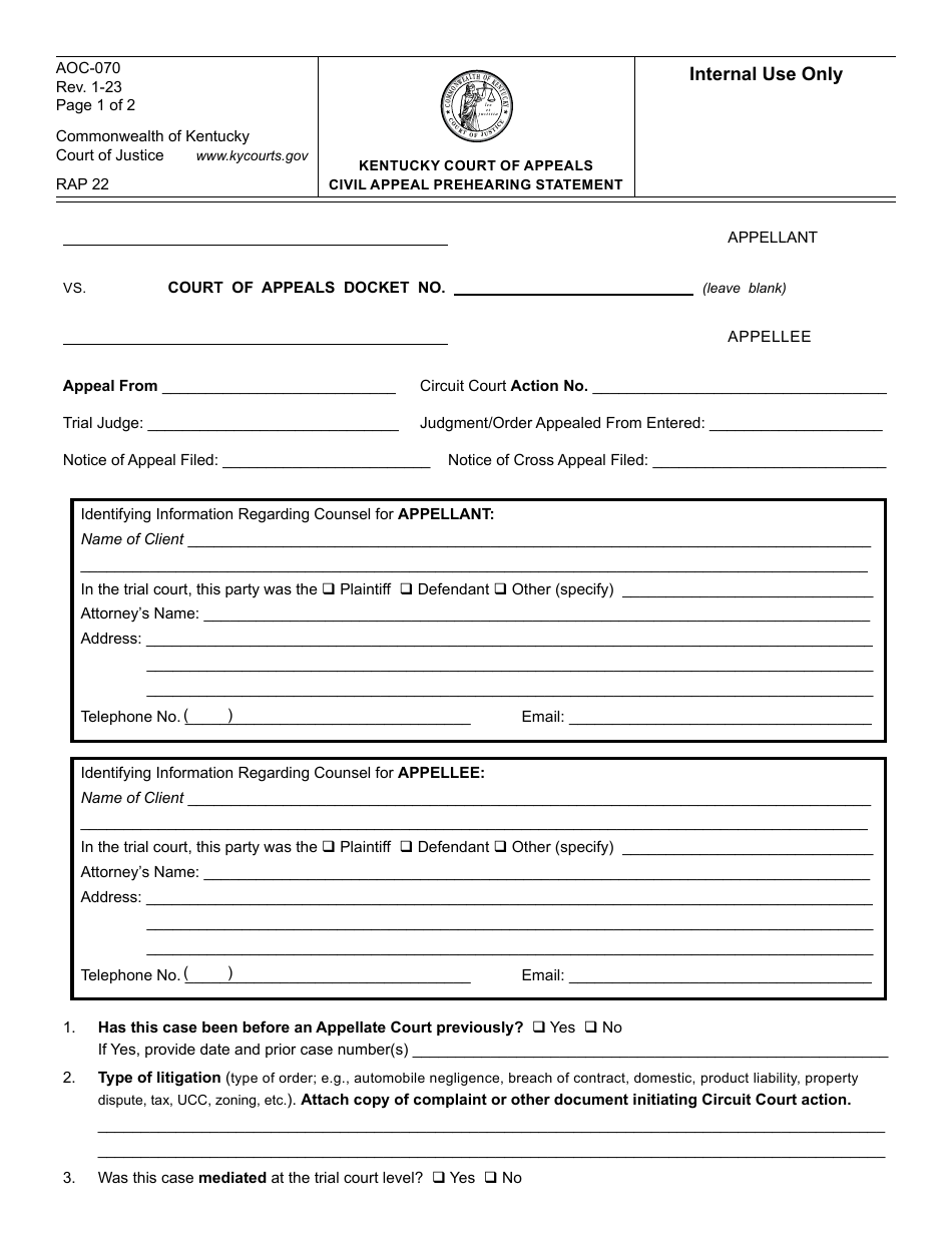 Form AOC-070 Civil Appeal Prehearing Statement - Kentucky, Page 1