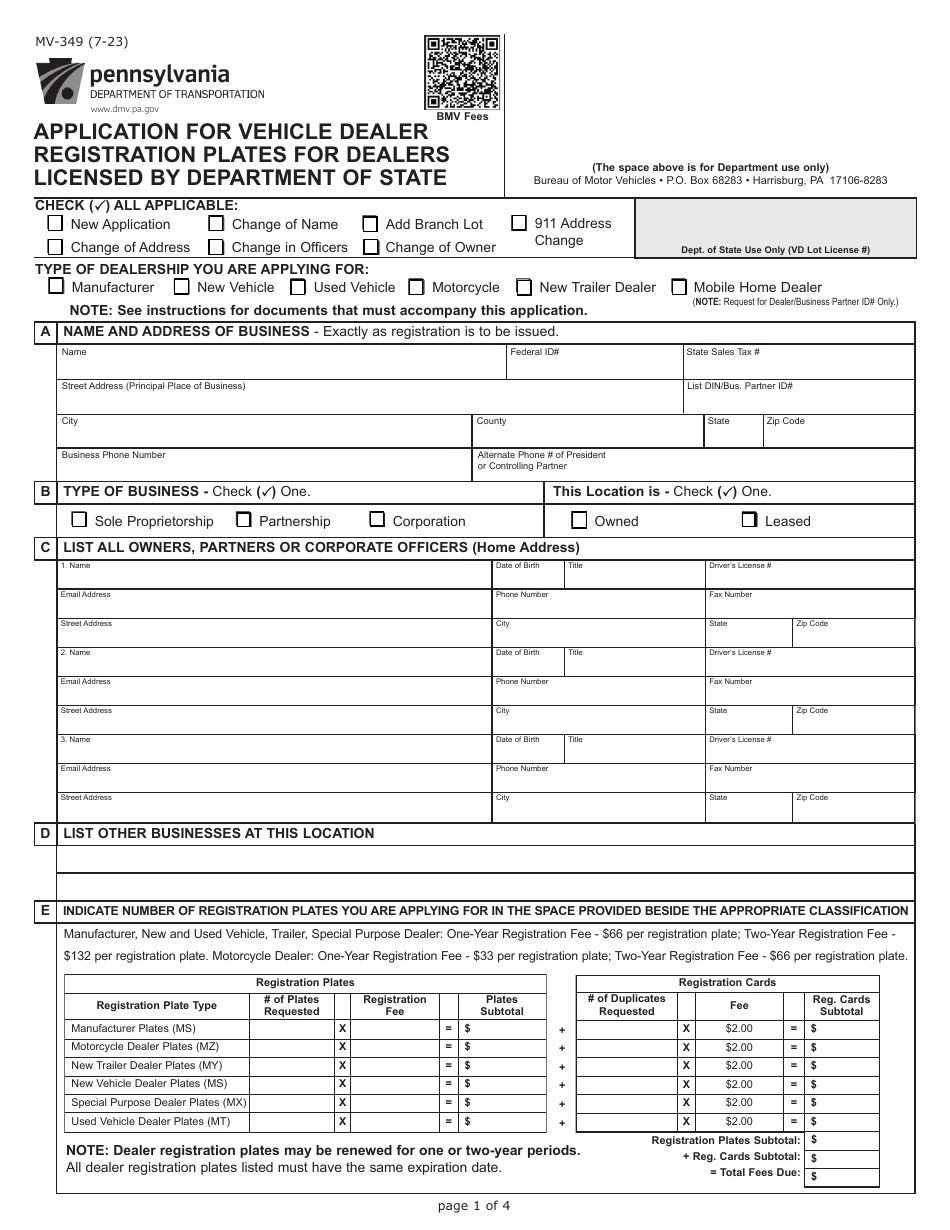 Form MV-349 Application for Vehicle Dealer Registration Plates for Dealers Licensed by Department of State - Pennsylvania, Page 1