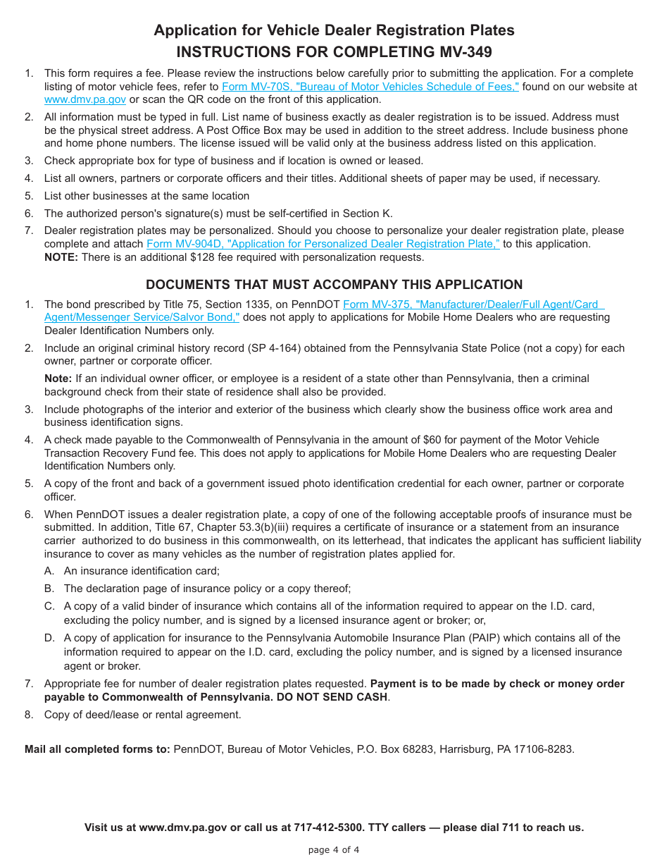 Form MV-349 Application for Vehicle Dealer Registration Plates for Dealers Licensed by Department of State - Pennsylvania, Page 4