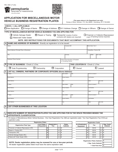 Form MV-359 Application for Miscellaneous Motor Vehicle Business Registration Plates - Pennsylvania