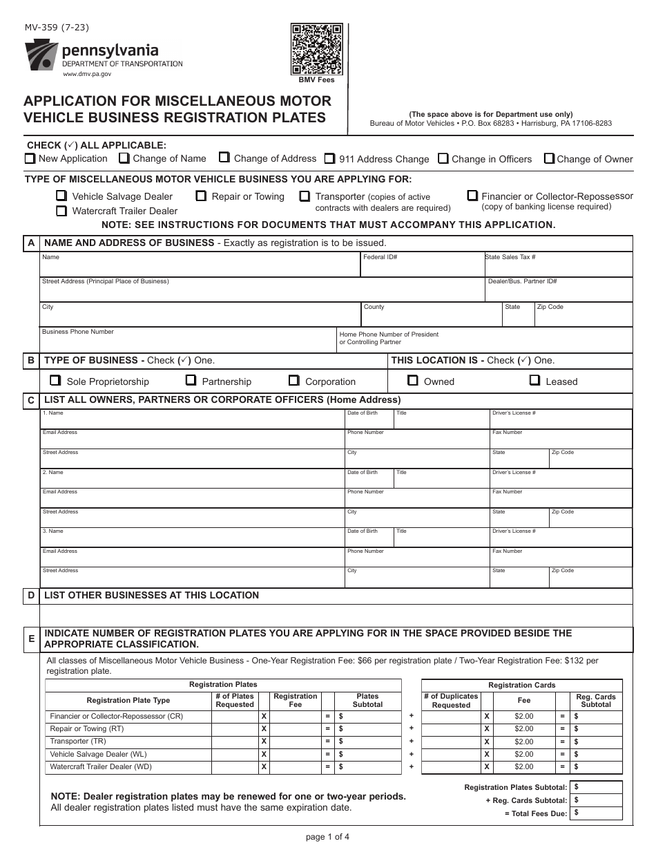 Form MV-359 Application for Miscellaneous Motor Vehicle Business Registration Plates - Pennsylvania, Page 1