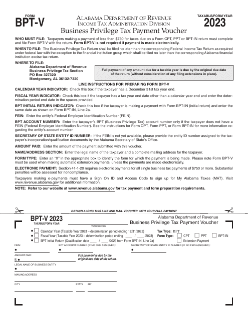 Form BPT-V Business Privilege Tax Payment Voucher - Alabama, 2023