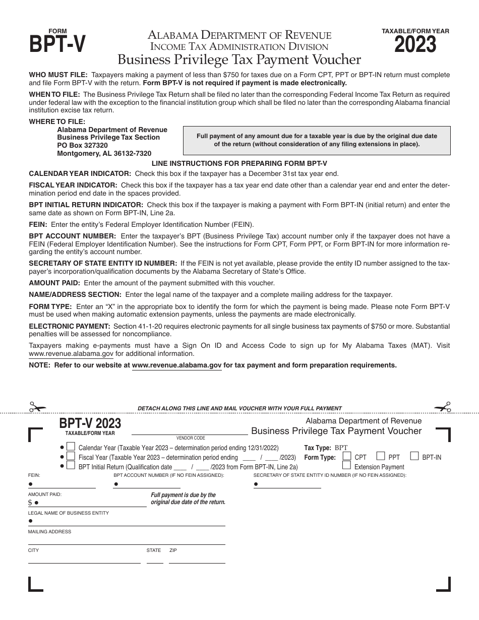 Form BPT-V Business Privilege Tax Payment Voucher - Alabama, Page 1