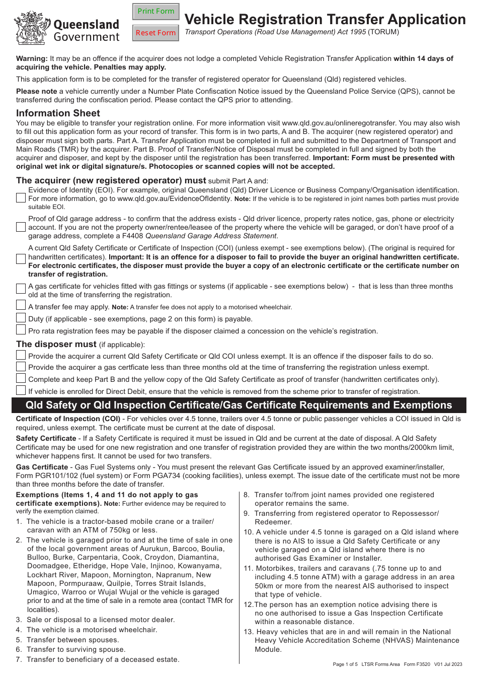 Form F3520 Vehicle Registration Transfer Application - Queensland, Australia, Page 1