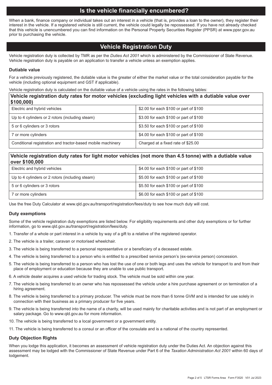 Form F3520 Vehicle Registration Transfer Application - Queensland, Australia, Page 2
