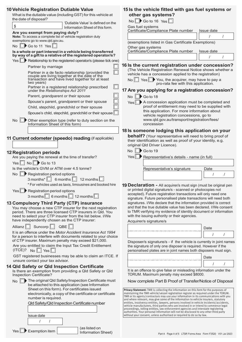 Form F3520 Vehicle Registration Transfer Application - Queensland, Australia, Page 4