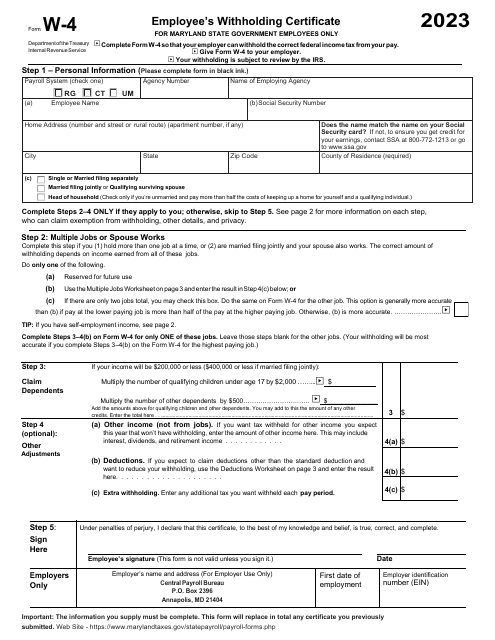 IRS Form W-4 Employee's Withholding Certificate for Maryland State Government Employees Only, 2023
