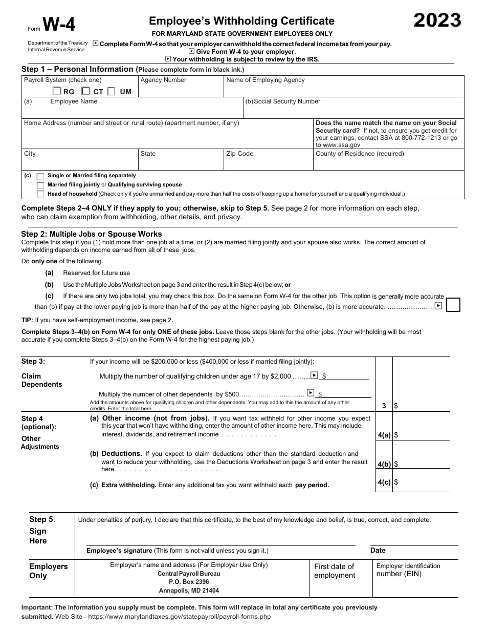 IRS Form W-4 Employees Withholding Certificate for Maryland State Government Employees Only, Page 1