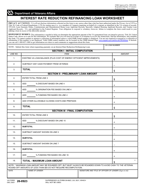 VA Form 26-8923 Interest Rate Reduction Refinancing Loan Worksheet