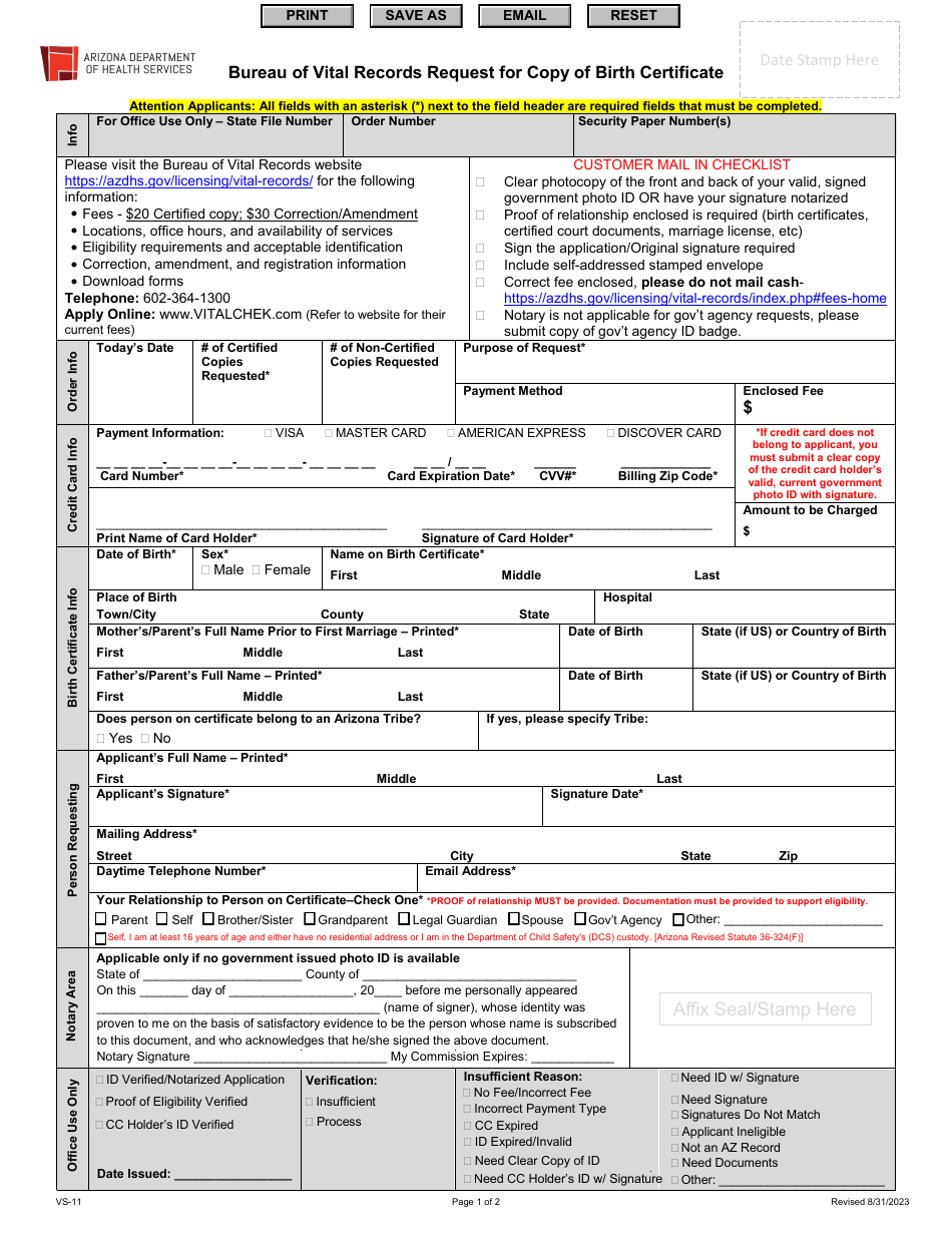 Form VS-11 Download Fillable PDF or Fill Online Bureau of Vital Records ...