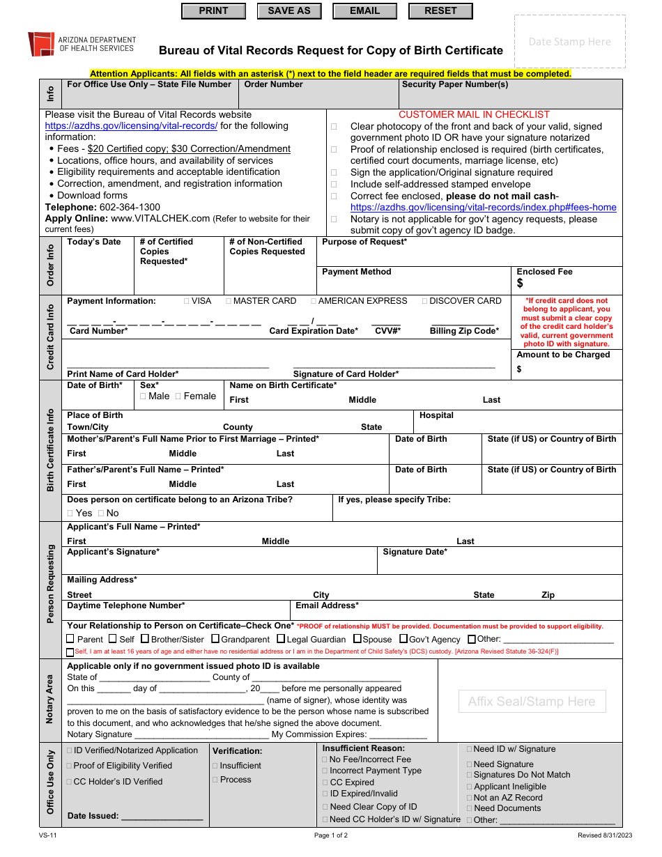 Form VS-11 Bureau of Vital Records Request for Copy of Birth Certificate - Arizona, Page 1