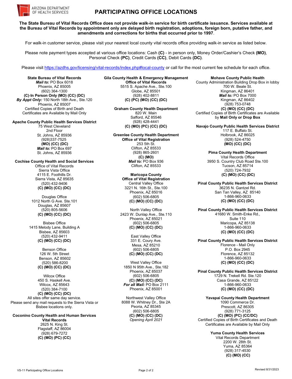 Form VS-11 Bureau of Vital Records Request for Copy of Birth Certificate - Arizona, Page 2