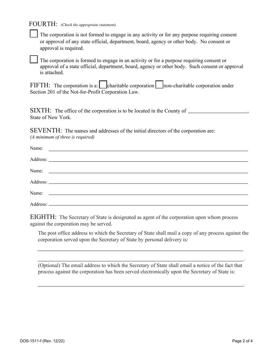 Form DOS-1511-F Certificate of Incorporation for Domestic Not-For-Profit Corporations - New York, Page 3