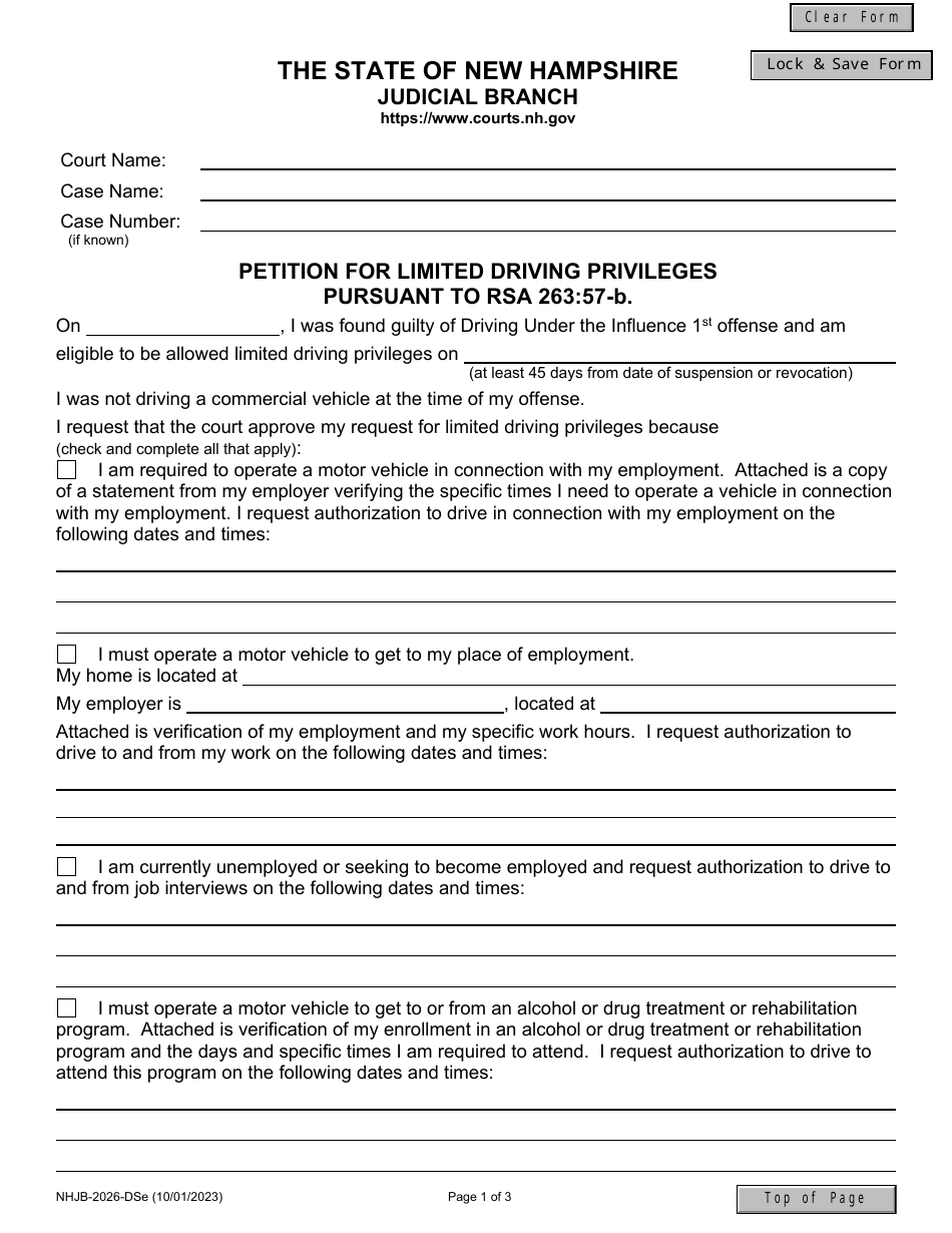 Form NHJB-2026-DSE Petition for Limited Driving Privileges Pursuant to Rsa 263:57-b - New Hampshire, Page 1