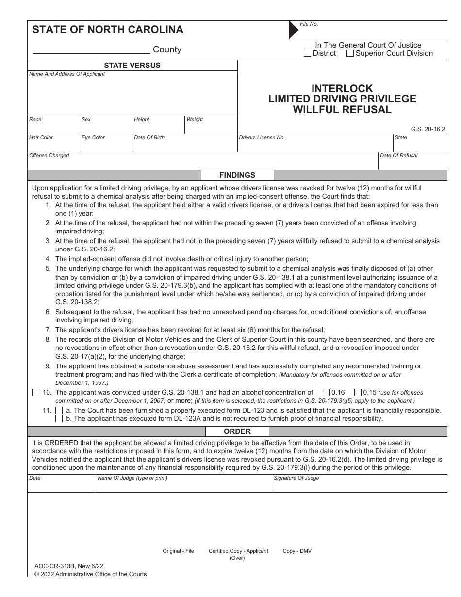 Form AOC-CR-313B Interlock Limited Driving Privilege Willful Refusal - North Carolina, Page 1