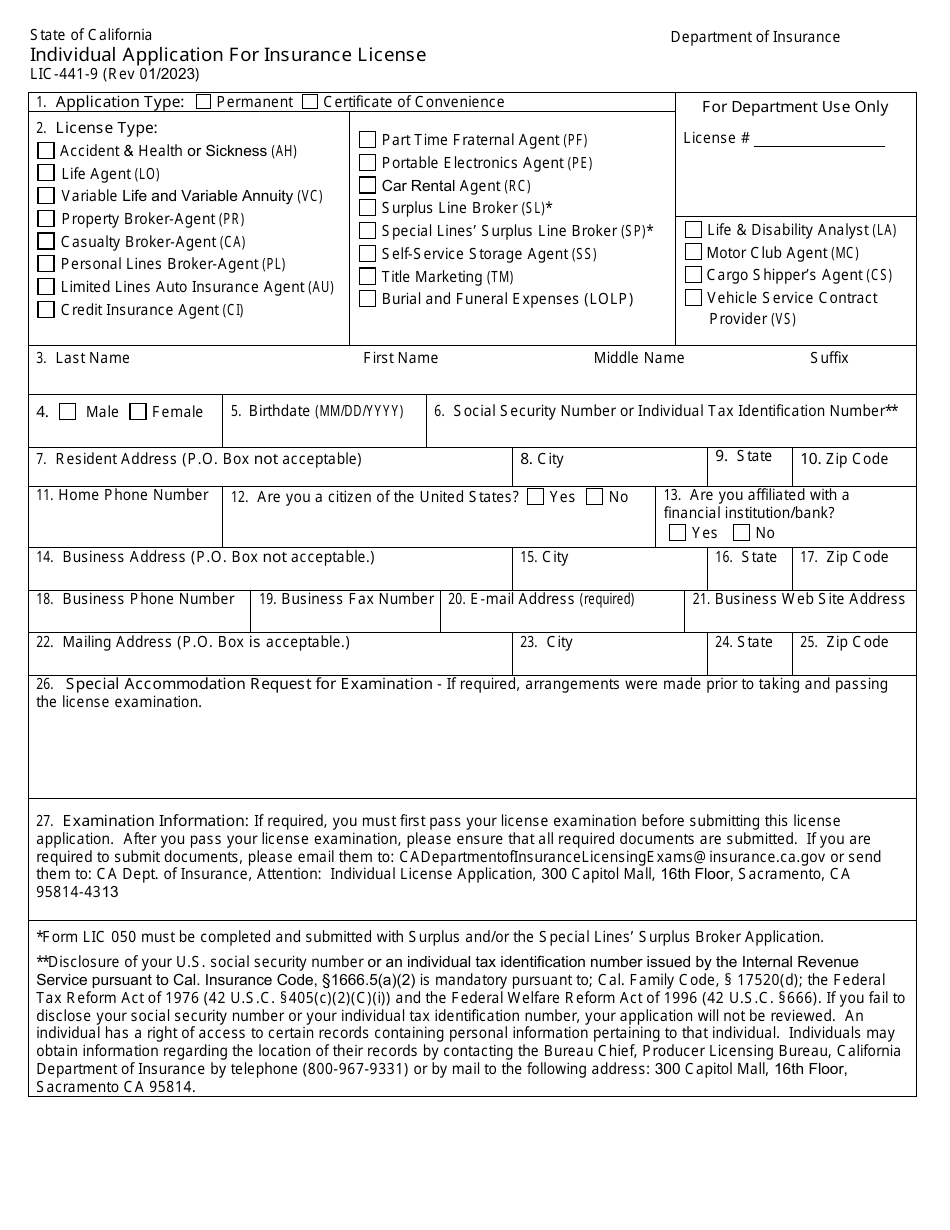 Form LIC-441-9 Individual Application for Insurance License - California, Page 1