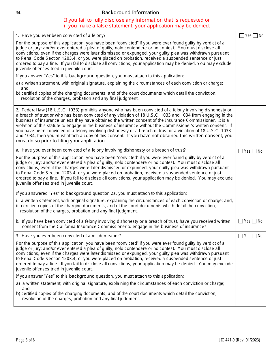 Form LIC-441-9 Individual Application for Insurance License - California, Page 3