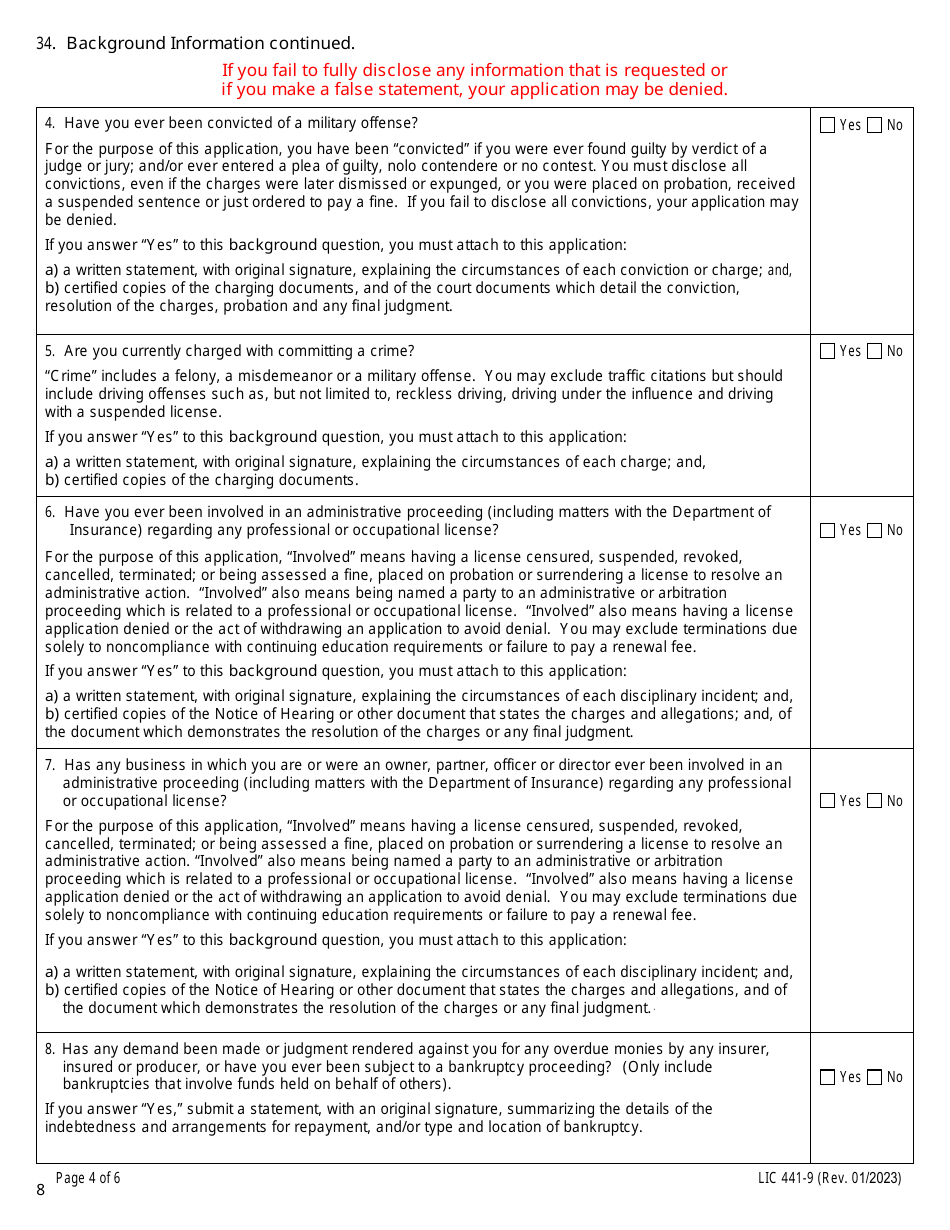 Form LIC-441-9 Individual Application for Insurance License - California, Page 4