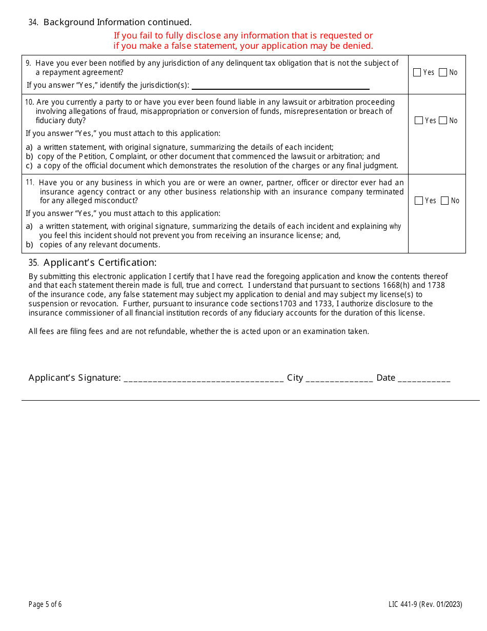 Form LIC-441-9 Individual Application for Insurance License - California, Page 5