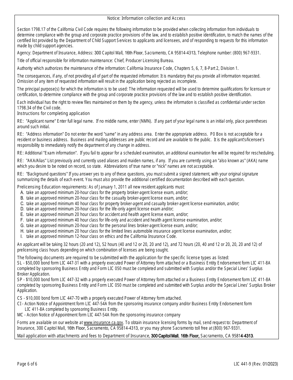 Form LIC-441-9 Individual Application for Insurance License - California, Page 6