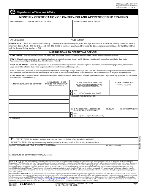 VA Form 22-6553D-1 Monthly Certification of on-The-Job and Apprenticeship Training